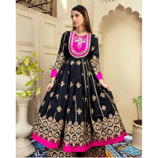 Ghazi fabric Stitched Linen2 piece suit for women Flare Frock Ready to Wear Stylish Trendy Modren With  Hand Made Mirror Work Neckline Black (GF972)