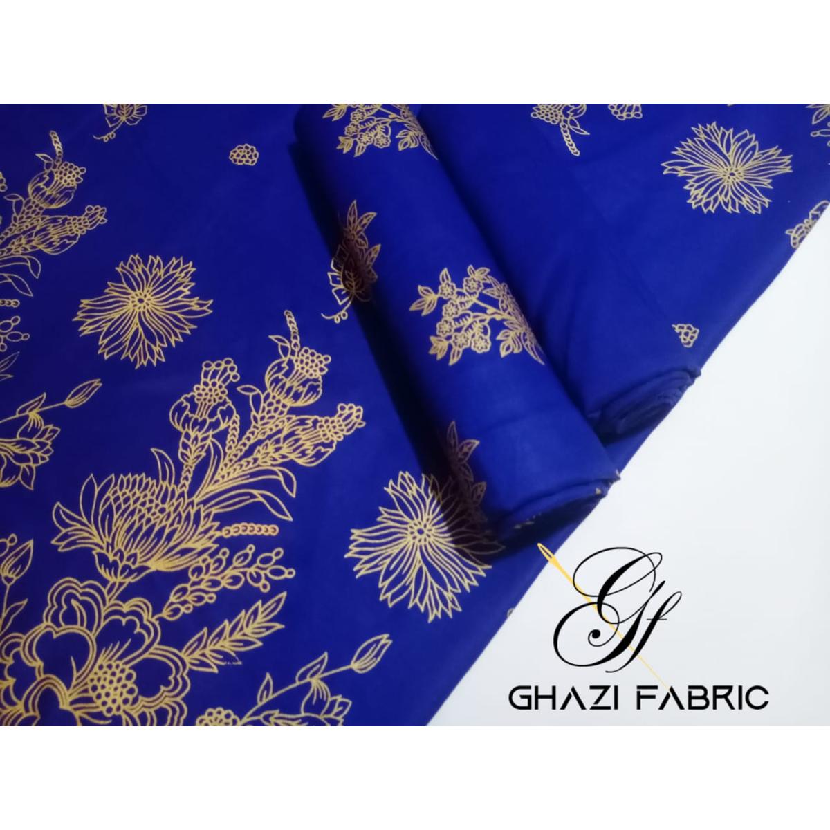 Ghazi fabric Unstitched Linen 3 piece Gold printed suit for women royal blue GH8707