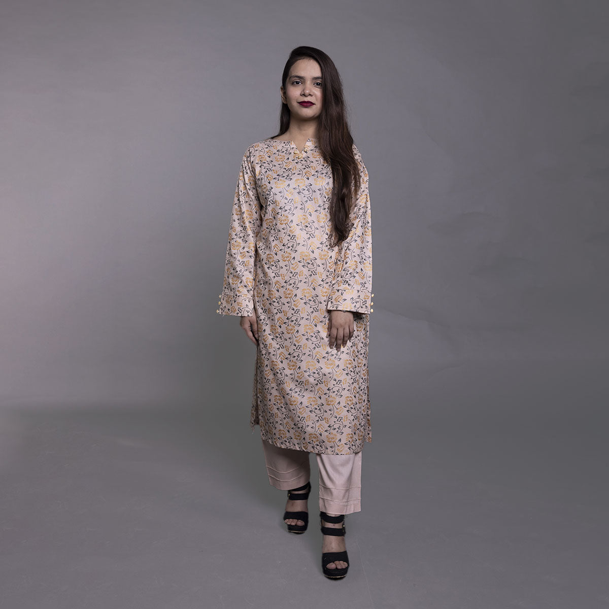 Ghazi fabric Unstitched Linen 2 piece suit for women print shirt plain trouser light peach GFTD45675