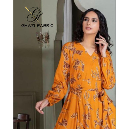 Ghazi fabric Unstitched Gull - E- Marjaan  Linen print collection  Dress 2 piece for women  Golden mustard GMF6825-23/9419