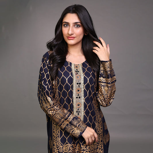 Ghazi fabric Stitched Linen Shirt Ready To Wear Printed shirt With Hand Work