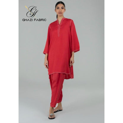 Ghazi fabric linen Collection Rungrez  Stitched 2 Piece RED Linen Long Shirt with Trouser