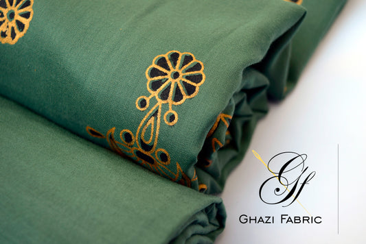 Ghazi fabric Unstitched Linen 2 piece Gold printed suit for women  cement green (UK series-2345/8)