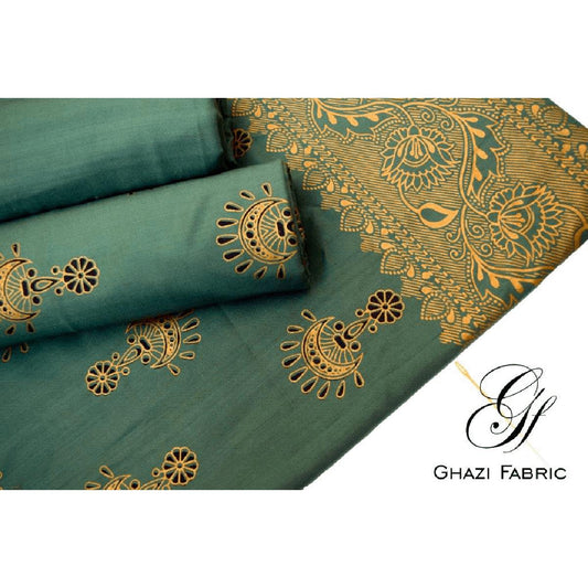 Ghazi fabric Unstitched Linen 3 piece Gold printed suit for women cement green (UK series-345/8)