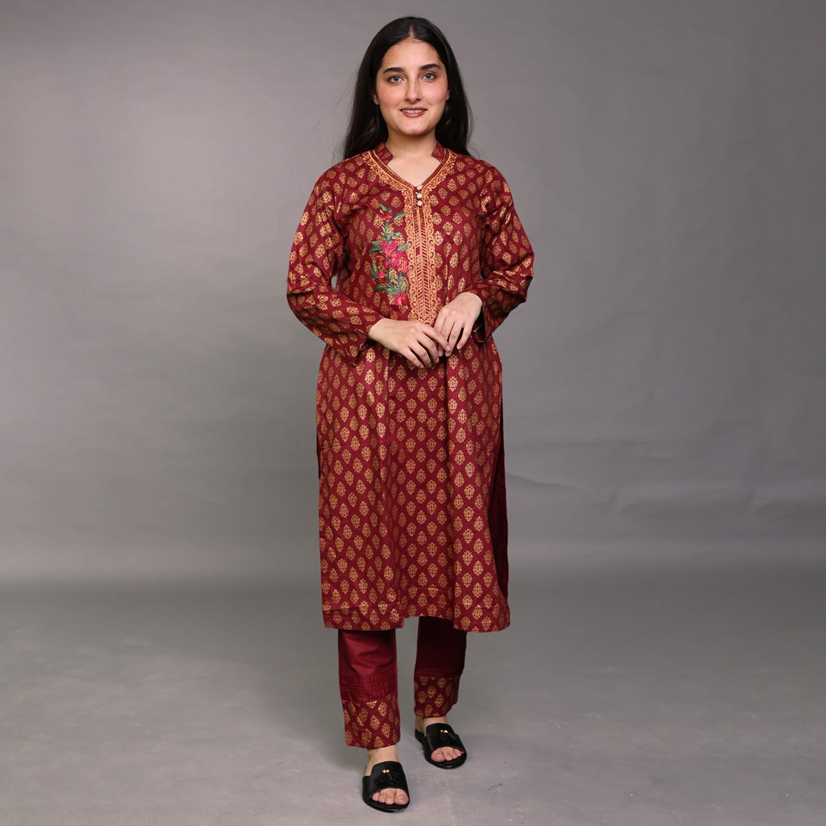 Ghazi fabric Stitched Lawn Shirt and Trouser Gold Printed With Embroidered Neckline (GTF1215)