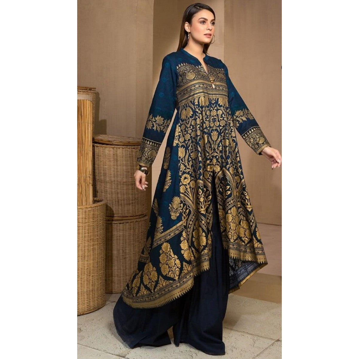 Ghazi fabric Stitched Linen Tail Frock Ready to wear navy blue